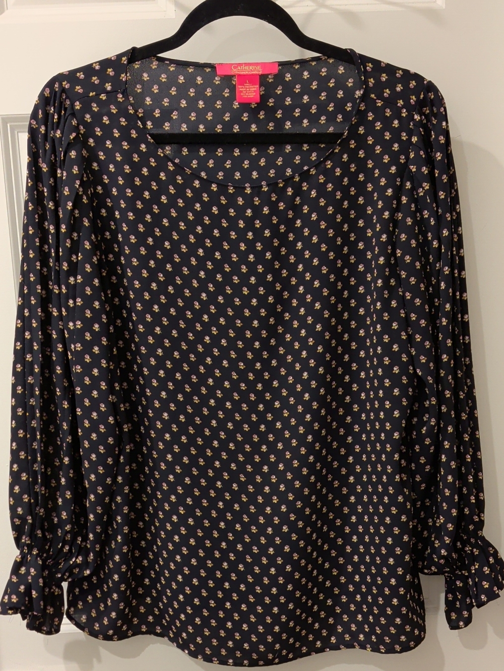 Catherines Black Blouse with Small Cream Floral Print